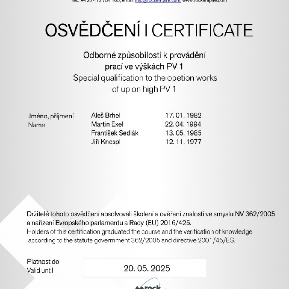 Certifikáty - Odborné způsobilosti k provádění prací ve výškách PV 1