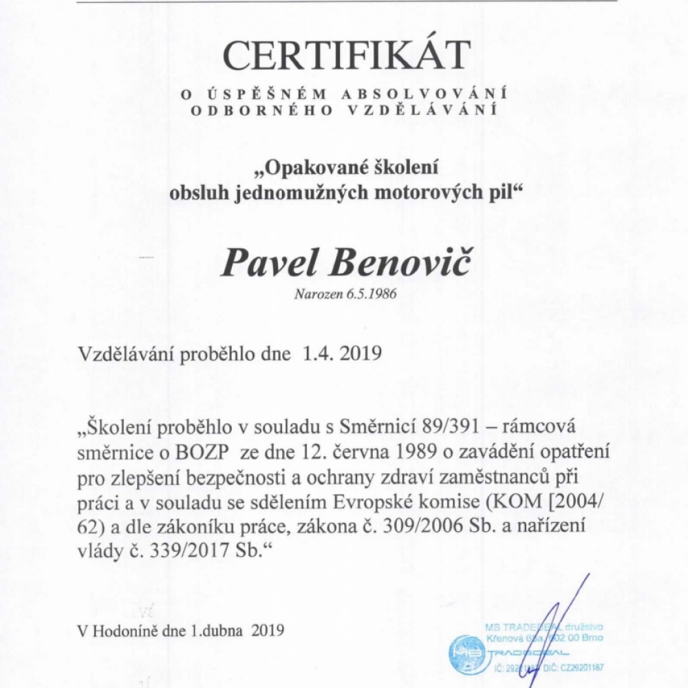 Certifikáty - Opakované školení obsluh jednomužných motorových pil.